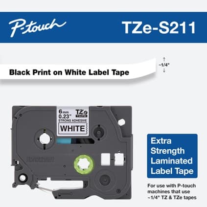 Banda laminata Original Brother Black on White, TZES211, pentru E105|E110|H100|H101|H105|H110|H111|P300|128|200|1000|1010|1090|1100|1120|1130|1160|1170|1180|1190|1200|1230|1280|1290|6100|7100|ST1150, 6mm, incl.TV 0 RON, "TZES211"