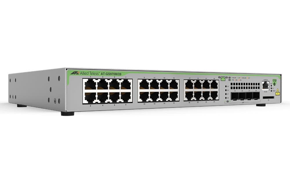 SWITCH Allied Telesis, Gigabit x 24, SFP x 4, managed, rackabil, carcasa metalica, "AT-GS970M/28-50"