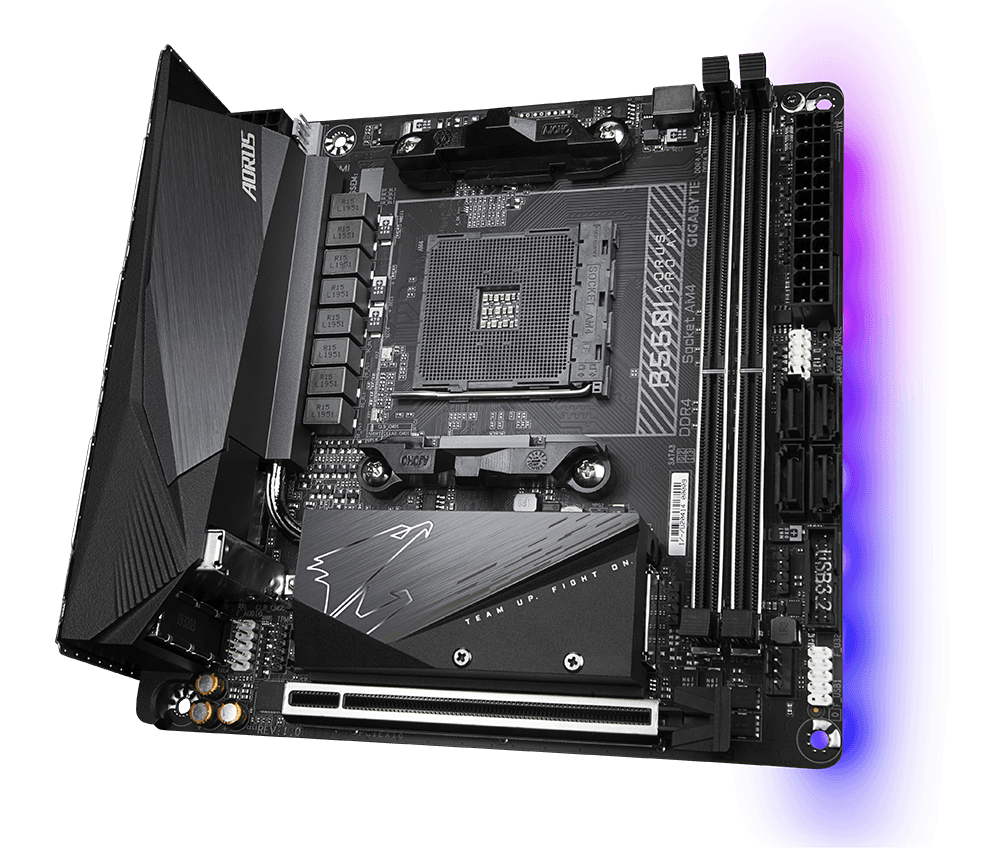 PLACA de BAZA Gigabyte "B550 I AORUS PRO AX", skt AM4, mini ITX, AMD B550, 2 x DDR4, max. 64 GB, 4 x SATA, 2 x M.2, 7.1, "B550 I AORUS PRO AX" — miniatură