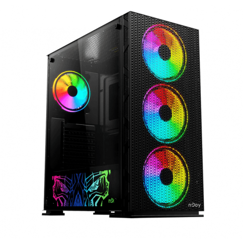 CARCASA NJOY Middle Tower,ATX, "Kona",fara sursa,sticla securizata,fanx4,USB 2.0 x 1,USB 3.0x2,Jack 3.5 mmx2,mesh fan ctr (inclusiv RGB),telecomanda,negru "CSMD-E000UKO-CR01B" — miniatură