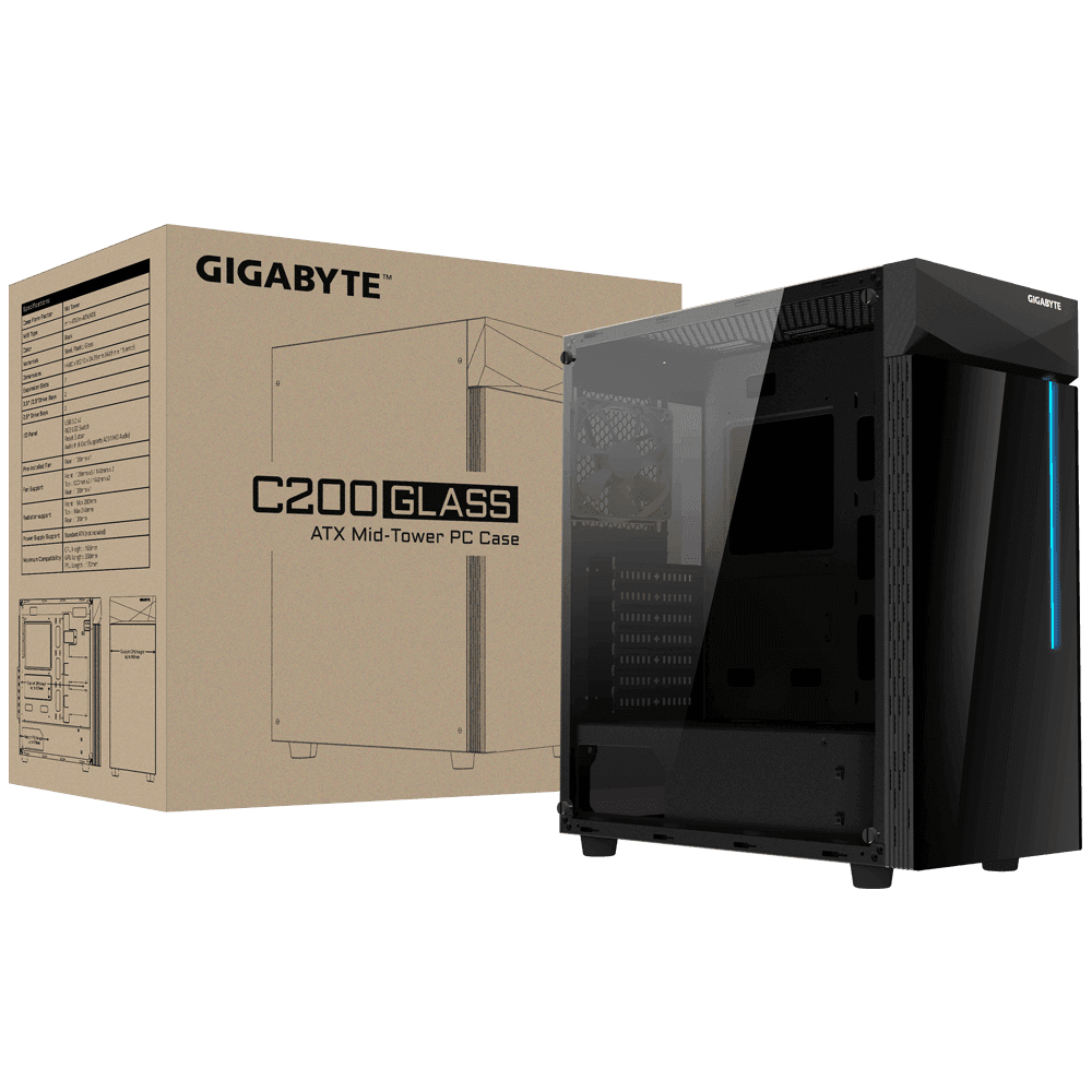 CARCASA GIGABYTE Middle Tower, ATX, "C200 GLASS", fara sursa, sticla securizata, fan x 1, USB 3.0 x 2, Jack 3.5 mm x 2, mesh pt. filtrare praf, negru, "GB-C200G" — miniatură