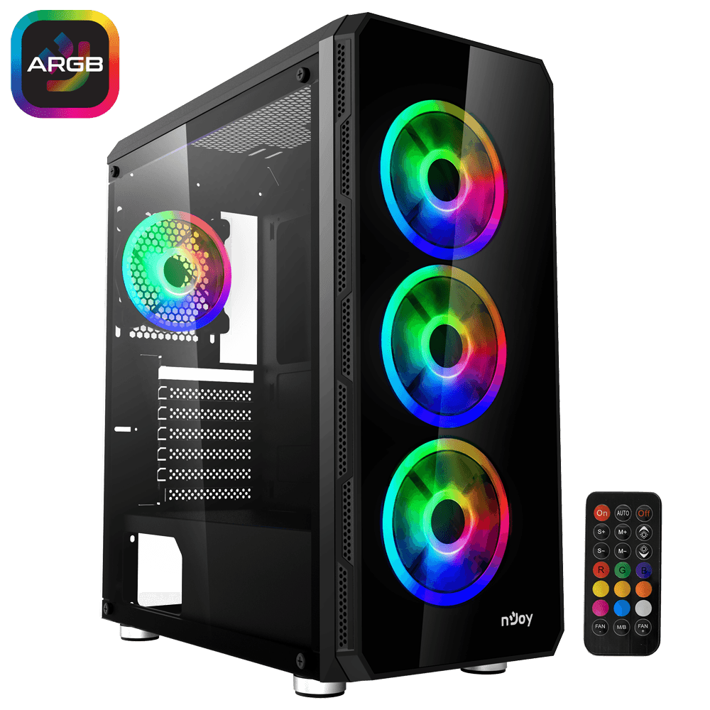 CARCASA NJOY Middle Tower,ATX, "ARENA",fara sursa,sticla securizata,fanx4,USB 2.0x1,USB 3.0x2,Jack 3.5 mmx2, mesh,fan ctr (inclusiv RGB),telecomanda,negru "CSMD-E000UAN-BL01B"