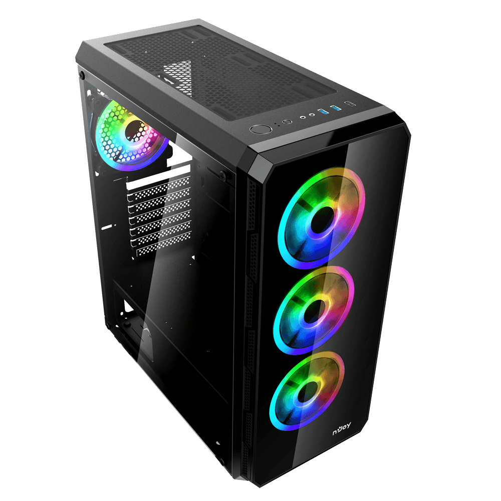 CARCASA NJOY Middle Tower,ATX, "ARENA",fara sursa,sticla securizata,fanx4,USB 2.0x1,USB 3.0x2,Jack 3.5 mmx2, mesh,fan ctr (inclusiv RGB),telecomanda,negru "CSMD-E000UAN-BL01B" — miniatură