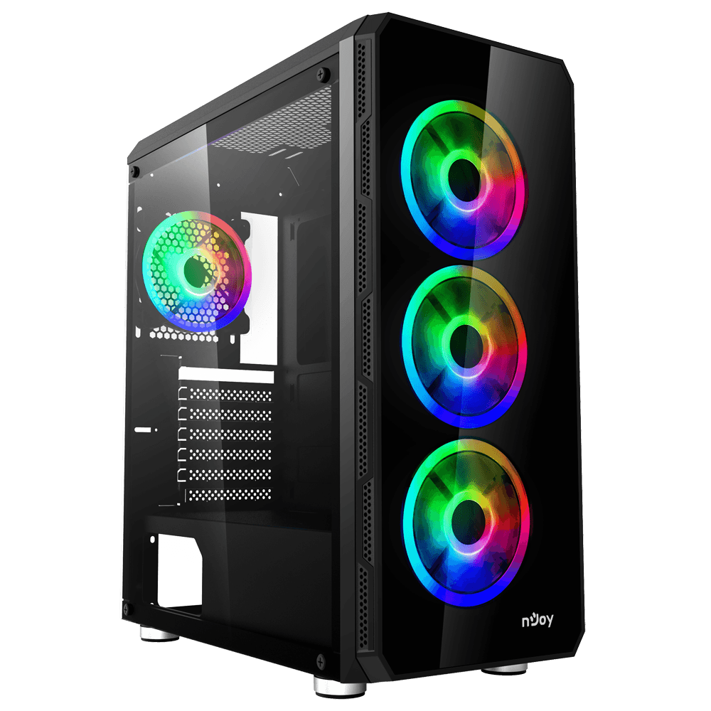 CARCASA NJOY Middle Tower,ATX, "ARENA",fara sursa,sticla securizata,fanx4,USB 2.0x1,USB 3.0x2,Jack 3.5 mmx2, mesh,fan ctr (inclusiv RGB),telecomanda,negru "CSMD-E000UAN-BL01B" — miniatură