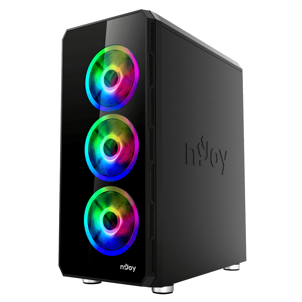 CARCASA NJOY Middle Tower,ATX, "ARENA",fara sursa,sticla securizata,fanx4,USB 2.0x1,USB 3.0x2,Jack 3.5 mmx2, mesh,fan ctr (inclusiv RGB),telecomanda,negru "CSMD-E000UAN-BL01B" — miniatură
