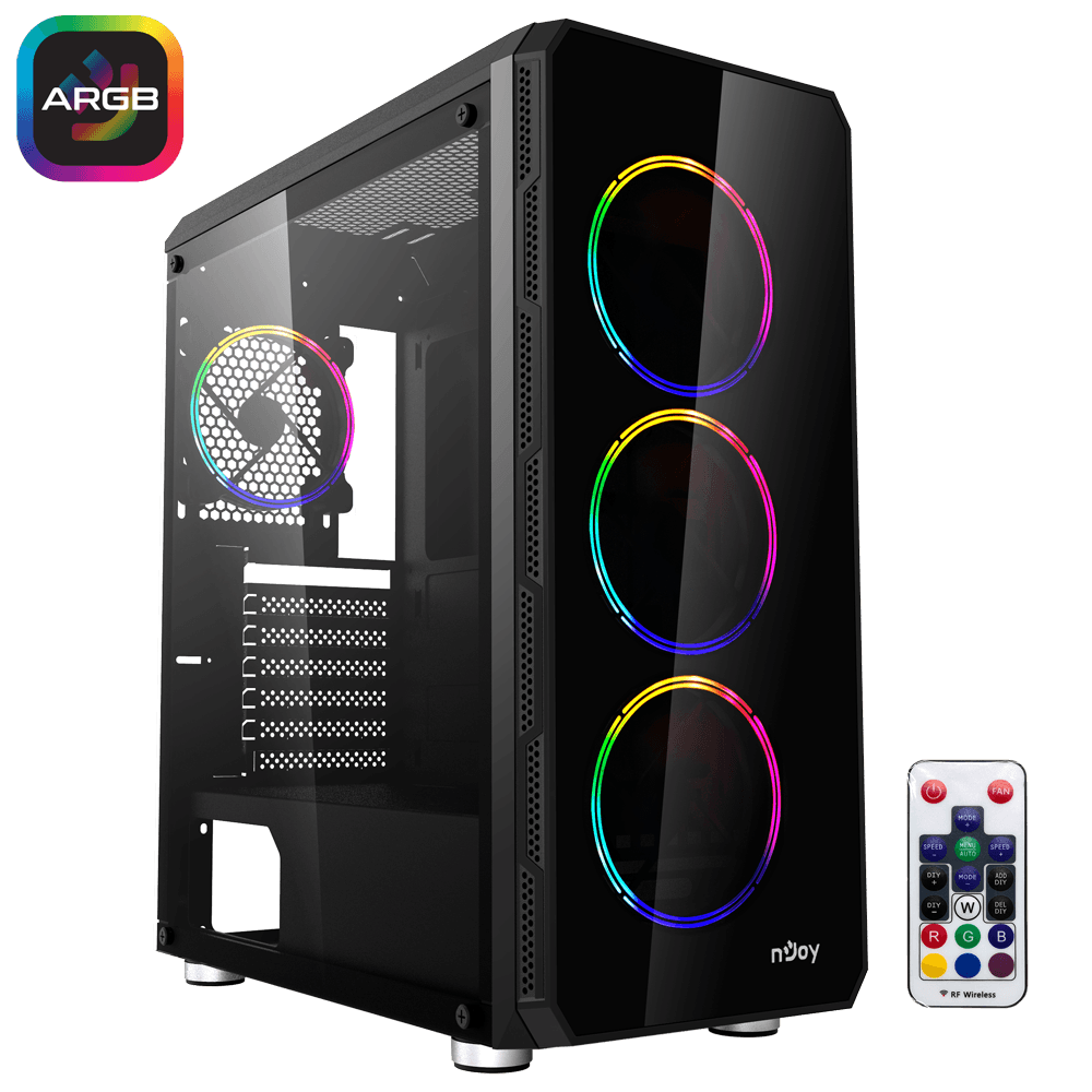 CARCASA NJOY Middle Tower,ATX, "ACRUX", fara sursa,sticla securizata,fanx4,USB 2.0x1,USB 3.0x2,Jack 3.5mmx2, mesh,fan ctr (inclusiv RGB),telecomanda,negru "CSMD-E000UAX-BL01B"
