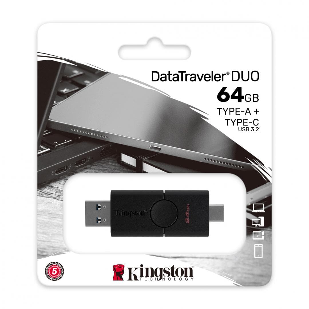 MEMORIE USB KINGSTON 64 GB, USB 3.2 gen 1 | USB 3.2 Type-C, clasica, carcasa plastic, negru, "DTDE/64GB" — miniatură