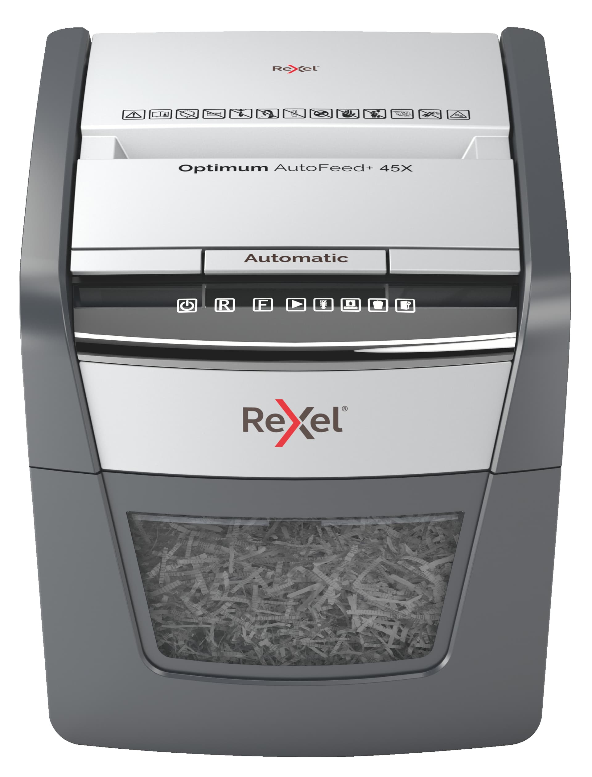Distrugator automat documente Rexel OPTIMUM 45X, 45 coli, P4, cross-cut (tip confeti), cos 20 litri, negru-gri, "2020045XEU"
