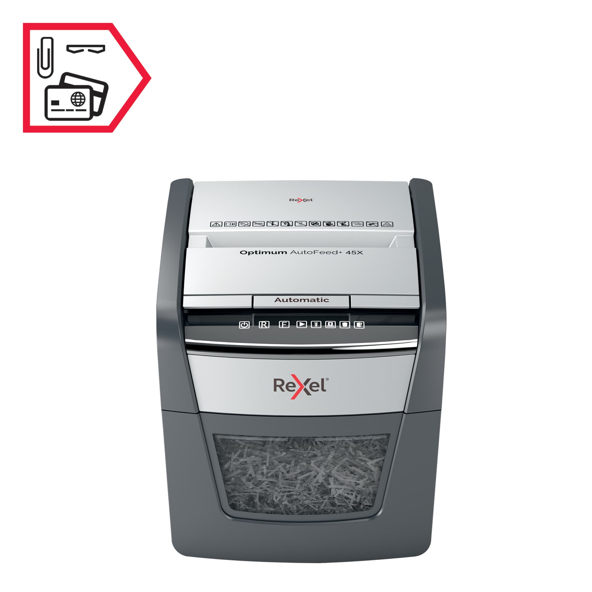 Distrugator automat documente Rexel OPTIMUM 45X, 45 coli, P4, cross-cut (tip confeti), cos 20 litri, negru-gri, "2020045XEU" — miniatură