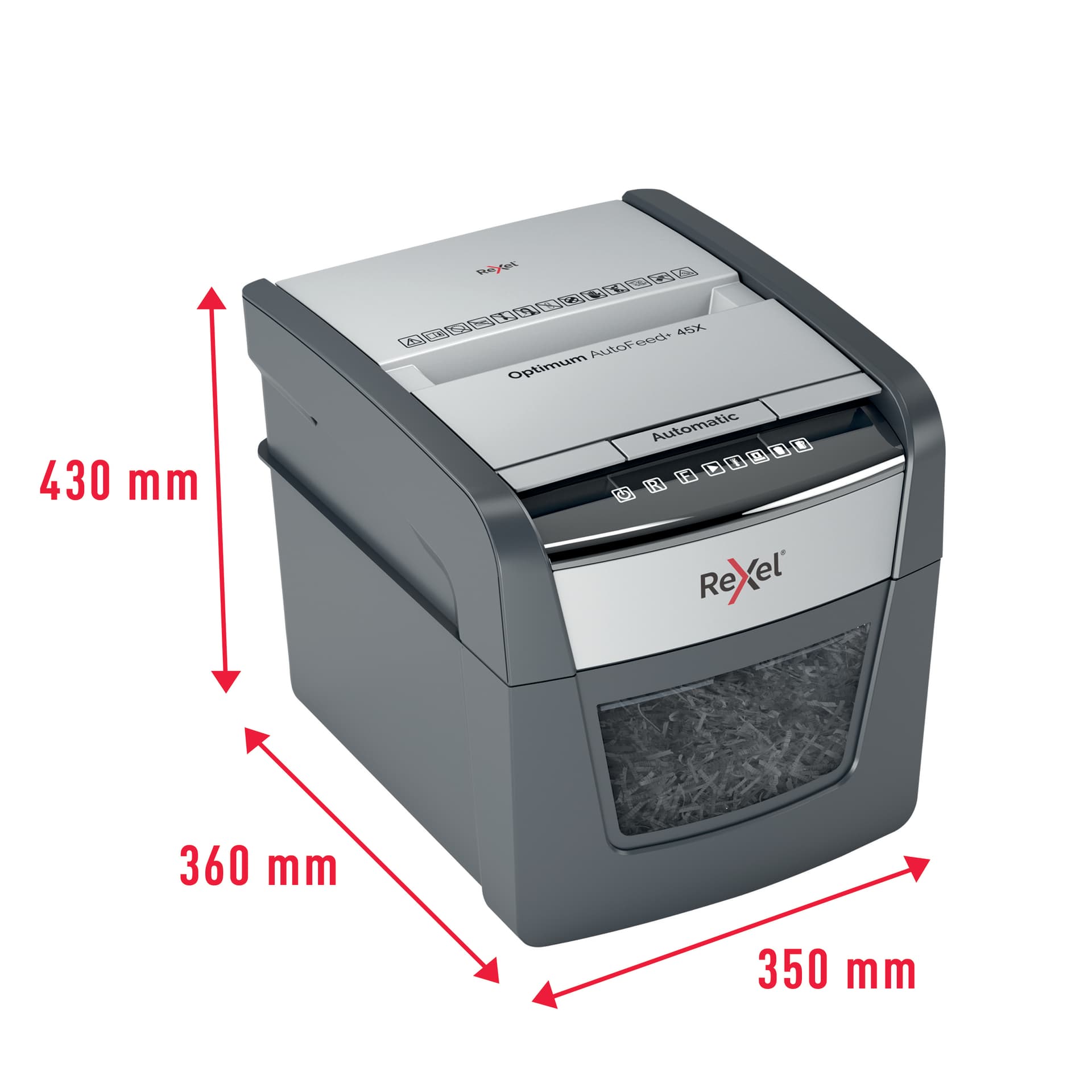 Distrugator automat documente Rexel OPTIMUM 45X, 45 coli, P4, cross-cut (tip confeti), cos 20 litri, negru-gri, "2020045XEU" — miniatură