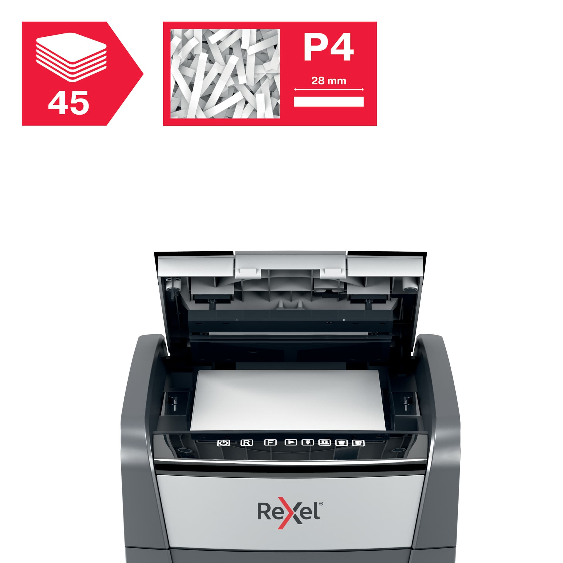Distrugator automat documente Rexel OPTIMUM 45X, 45 coli, P4, cross-cut (tip confeti), cos 20 litri, negru-gri, "2020045XEU" — miniatură