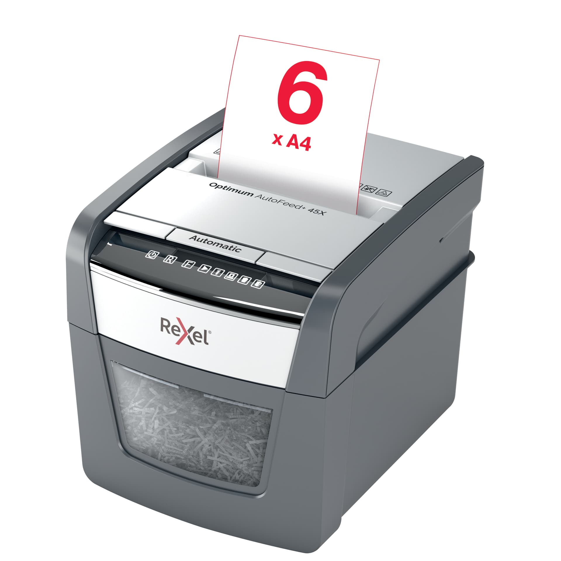 Distrugator automat documente Rexel OPTIMUM 45X, 45 coli, P4, cross-cut (tip confeti), cos 20 litri, negru-gri, "2020045XEU" — miniatură