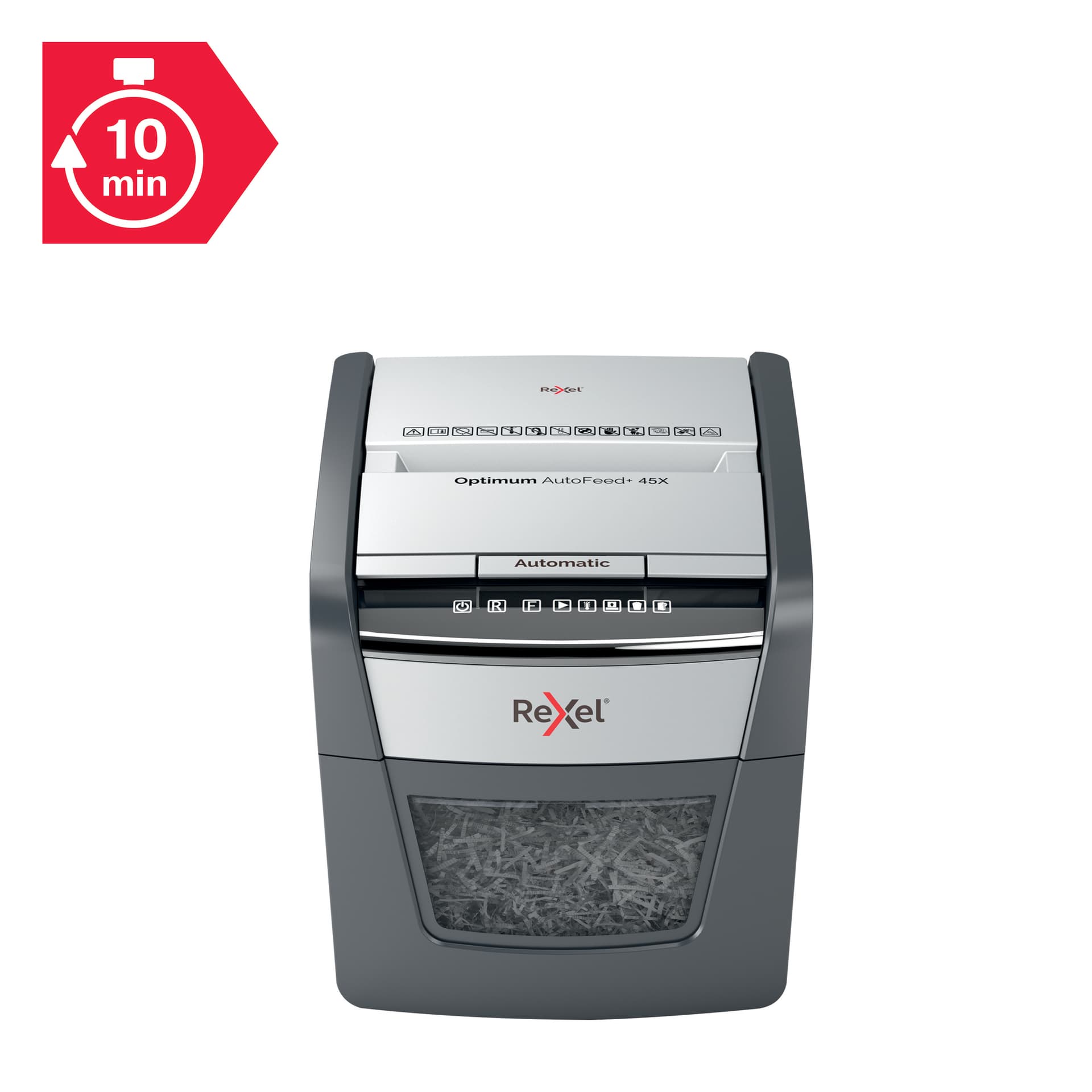 Distrugator automat documente Rexel OPTIMUM 45X, 45 coli, P4, cross-cut (tip confeti), cos 20 litri, negru-gri, "2020045XEU" — miniatură