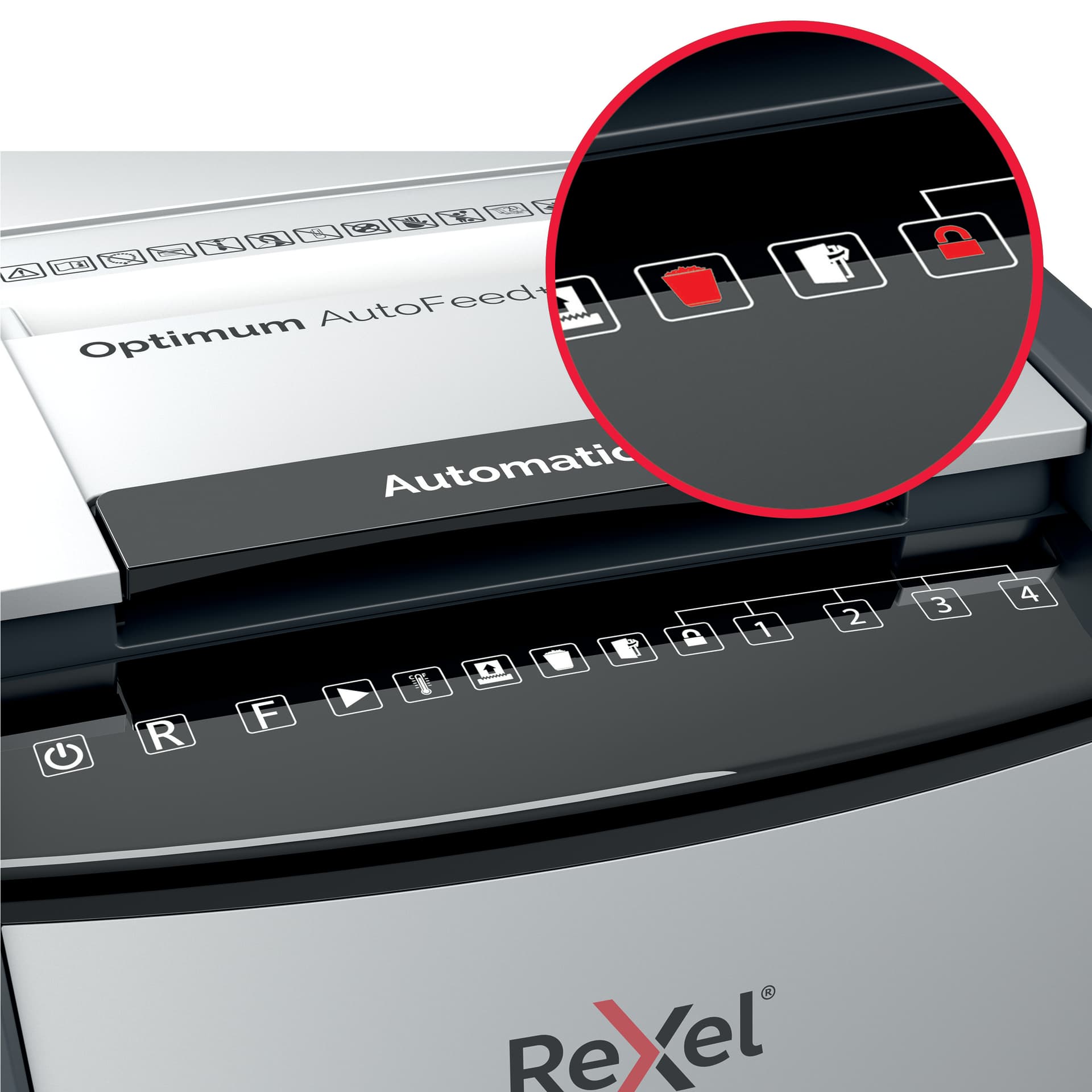 Distrugator automat documente Rexel OPTIMUM 45X, 45 coli, P4, cross-cut (tip confeti), cos 20 litri, negru-gri, "2020045XEU" — miniatură