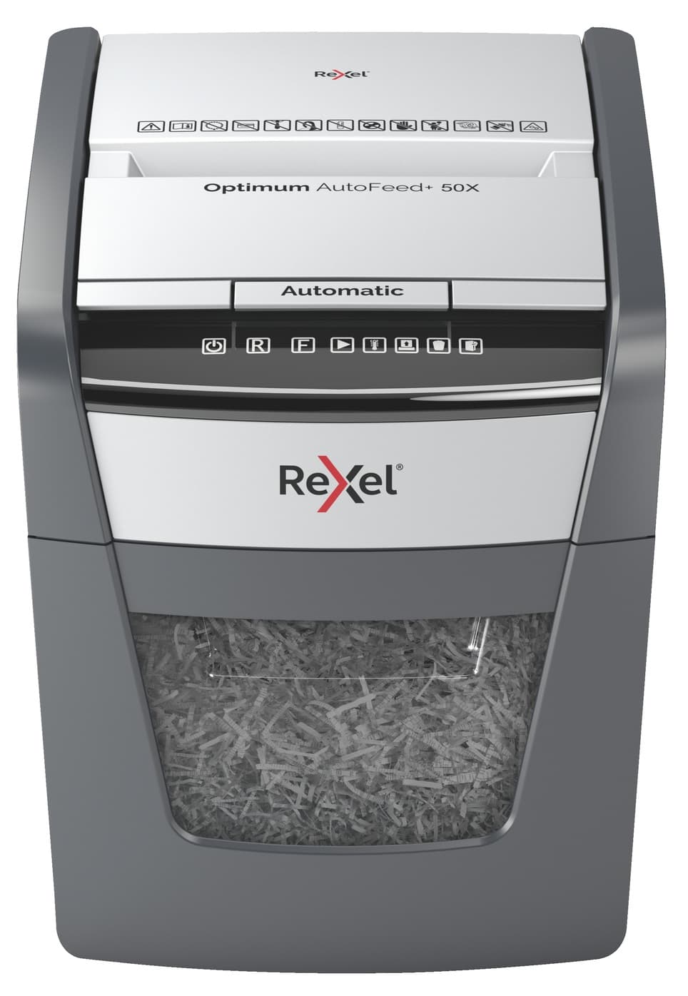 Distrugator automat documente Rexel OPTIMUM 50X, 50 coli, P4, cross-cut (tip confeti), cos 20 litri, negru-gri, "2020050XEU"