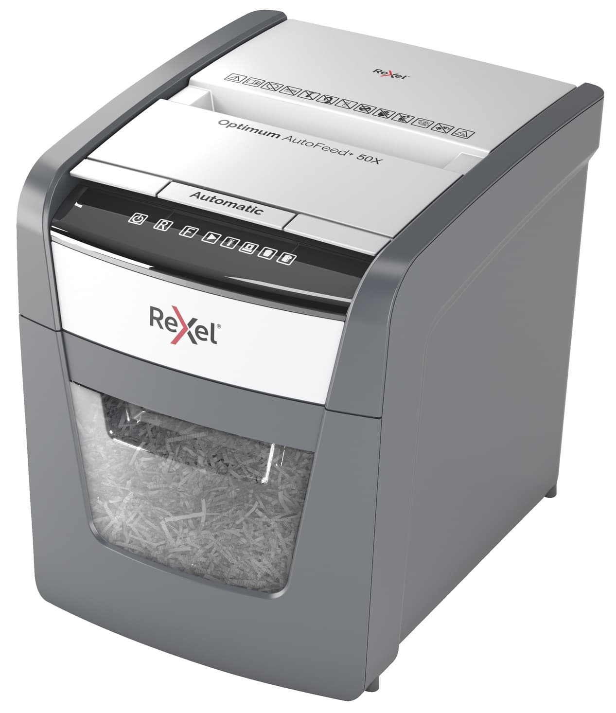 Distrugator automat documente Rexel OPTIMUM 50X, 50 coli, P4, cross-cut (tip confeti), cos 20 litri, negru-gri, "2020050XEU" — miniatură