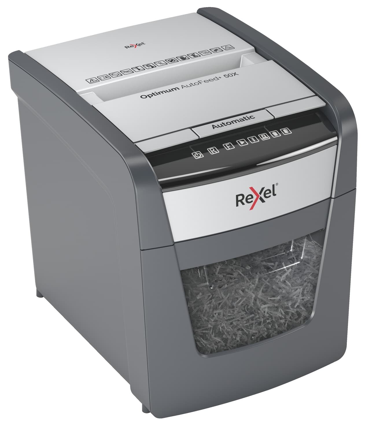 Distrugator automat documente Rexel OPTIMUM 50X, 50 coli, P4, cross-cut (tip confeti), cos 20 litri, negru-gri, "2020050XEU" — miniatură