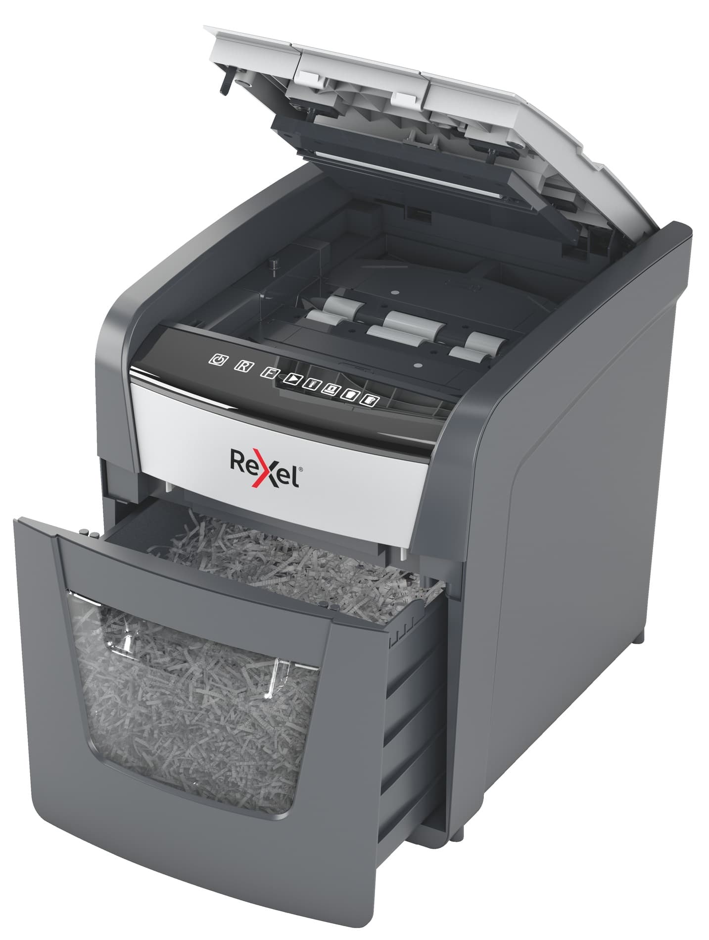 Distrugator automat documente Rexel OPTIMUM 50X, 50 coli, P4, cross-cut (tip confeti), cos 20 litri, negru-gri, "2020050XEU" — miniatură