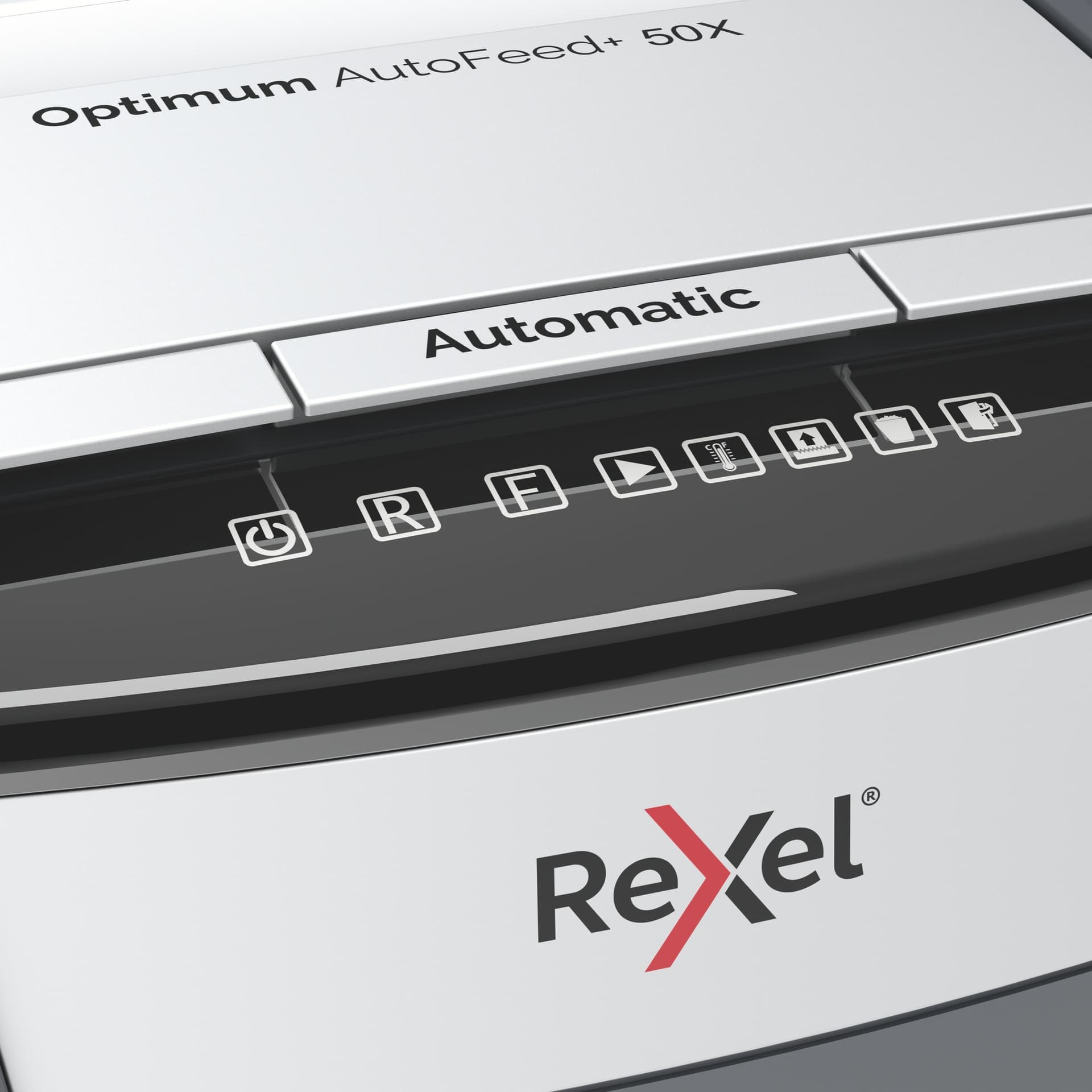 Distrugator automat documente Rexel OPTIMUM 50X, 50 coli, P4, cross-cut (tip confeti), cos 20 litri, negru-gri, "2020050XEU" — miniatură