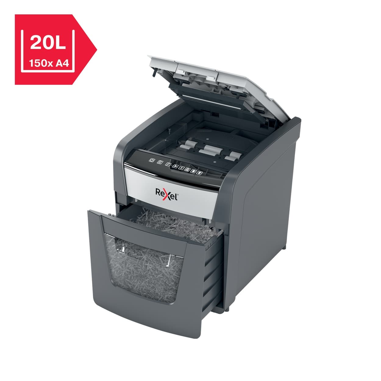 Distrugator automat documente Rexel OPTIMUM 50X, 50 coli, P4, cross-cut (tip confeti), cos 20 litri, negru-gri, "2020050XEU" — miniatură