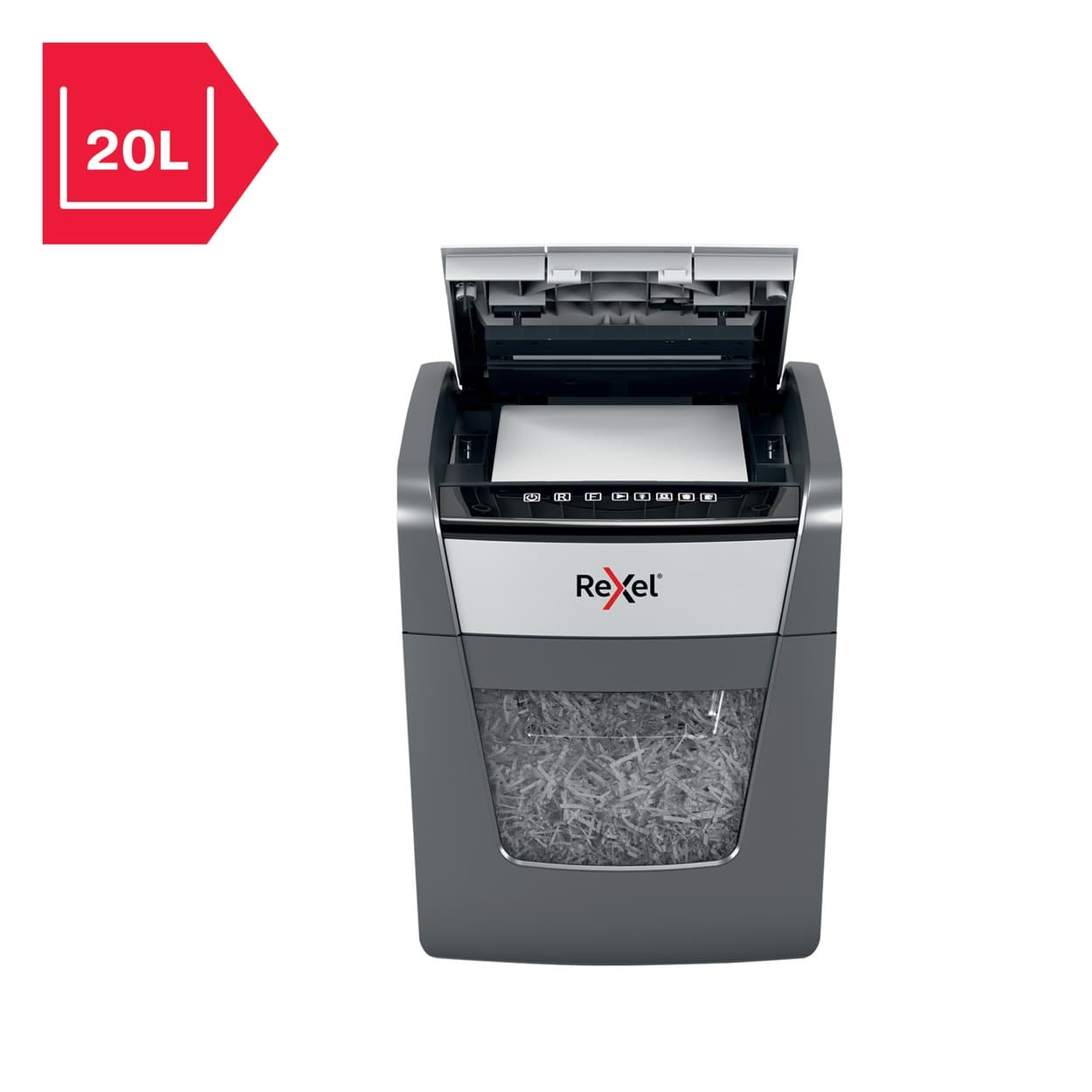 Distrugator automat documente Rexel OPTIMUM 50X, 50 coli, P4, cross-cut (tip confeti), cos 20 litri, negru-gri, "2020050XEU" — miniatură
