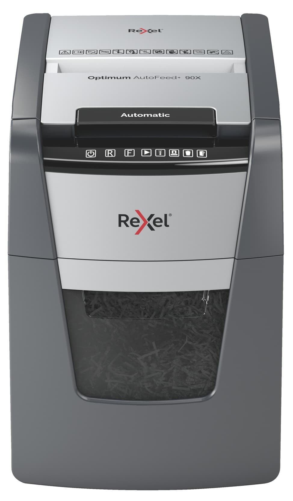 Distrugator automat documente Rexel OPTIMUM 90X, 90 coli, P4, cross-cut (tip confeti), cos 34 litri, negru-gri, "2020090XEU"