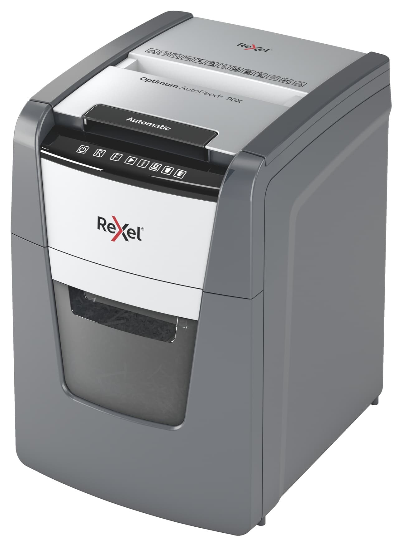 Distrugator automat documente Rexel OPTIMUM 90X, 90 coli, P4, cross-cut (tip confeti), cos 34 litri, negru-gri, "2020090XEU" — miniatură