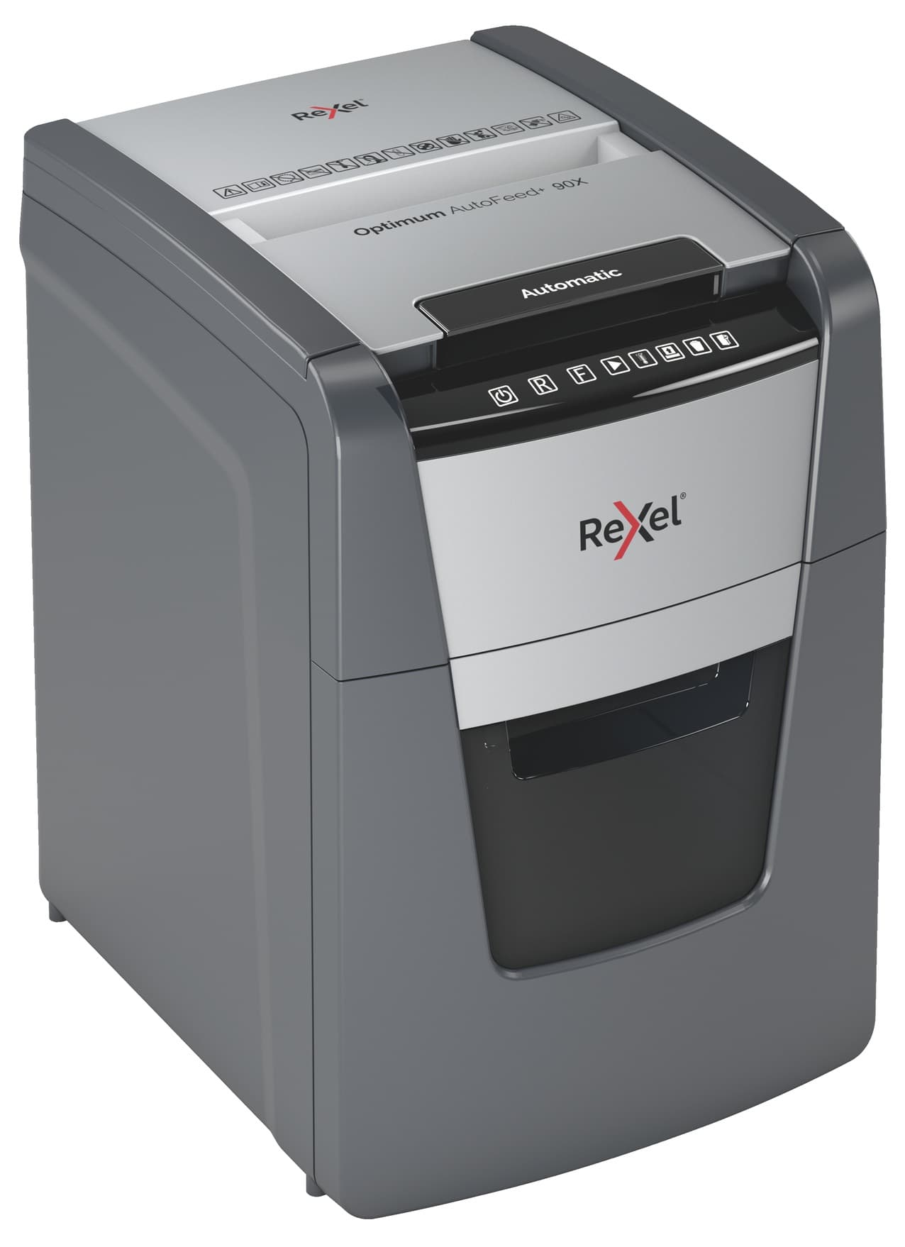Distrugator automat documente Rexel OPTIMUM 90X, 90 coli, P4, cross-cut (tip confeti), cos 34 litri, negru-gri, "2020090XEU" — miniatură
