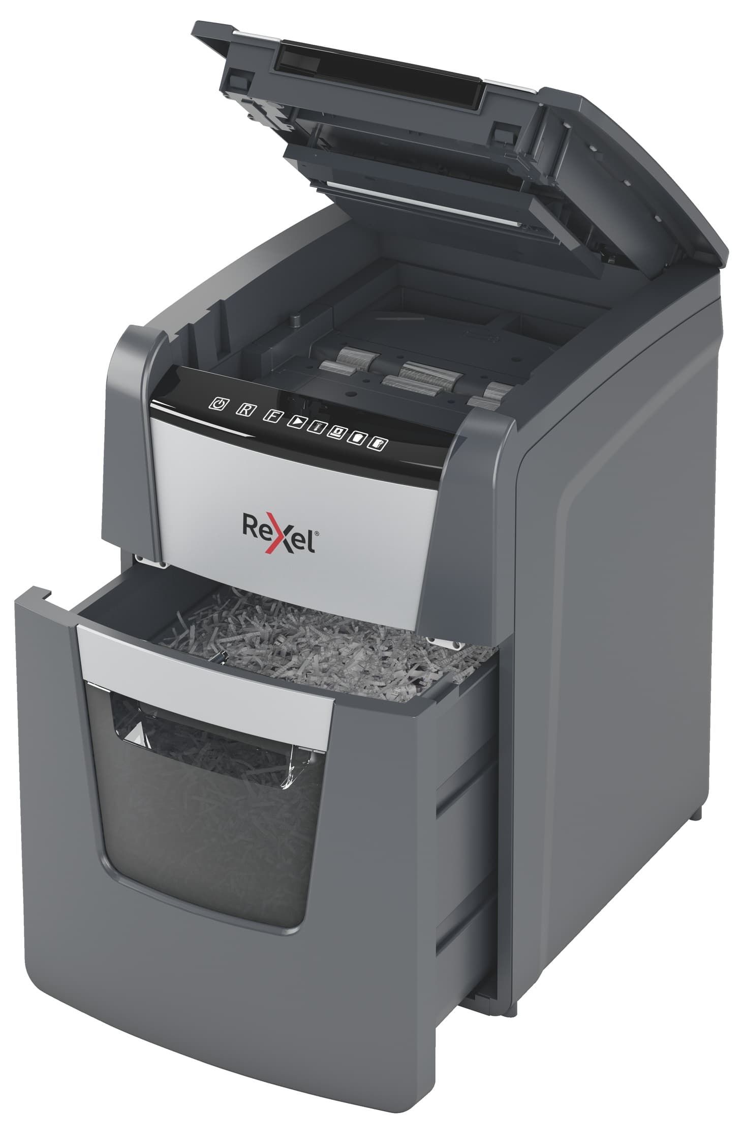 Distrugator automat documente Rexel OPTIMUM 90X, 90 coli, P4, cross-cut (tip confeti), cos 34 litri, negru-gri, "2020090XEU" — miniatură