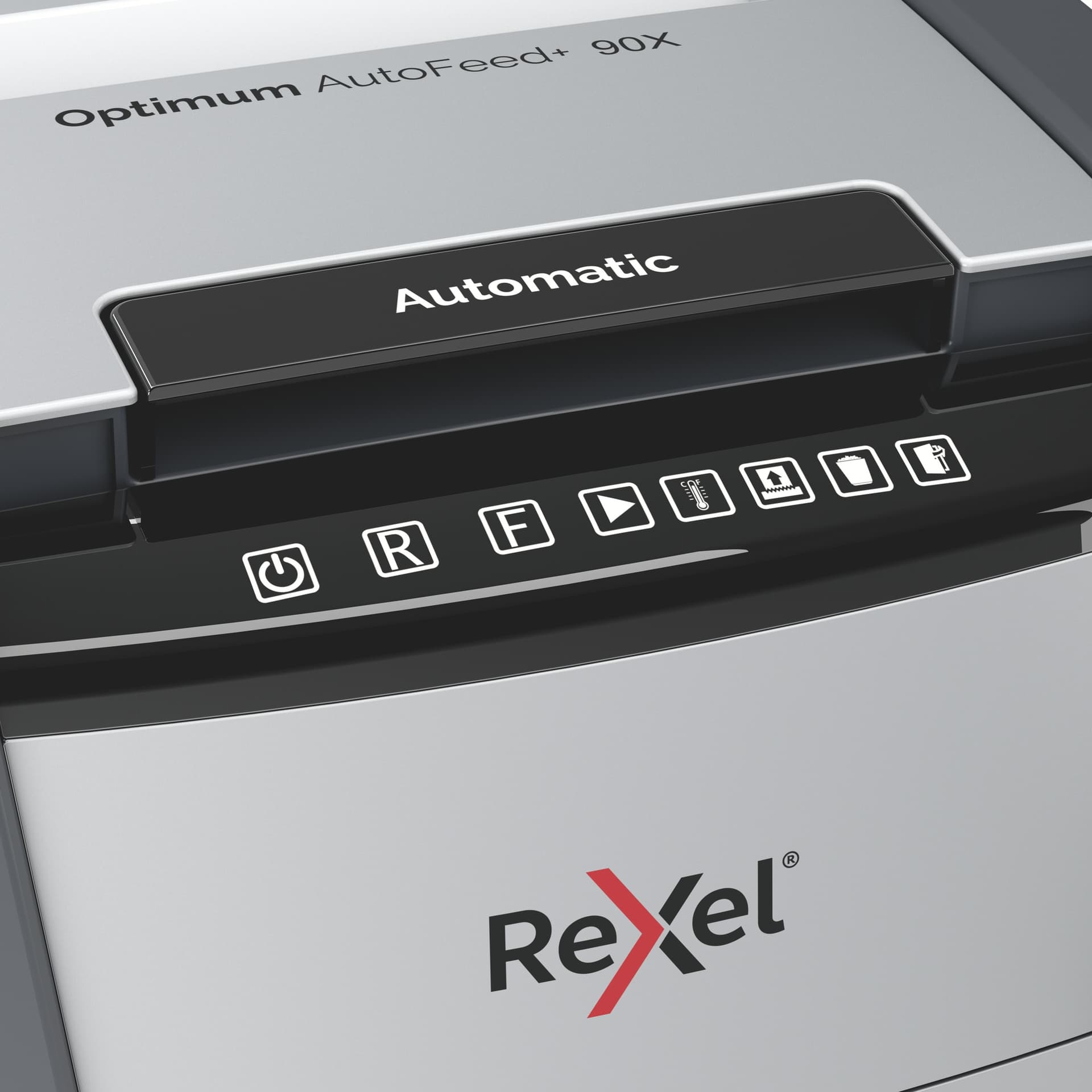Distrugator automat documente Rexel OPTIMUM 90X, 90 coli, P4, cross-cut (tip confeti), cos 34 litri, negru-gri, "2020090XEU" — miniatură