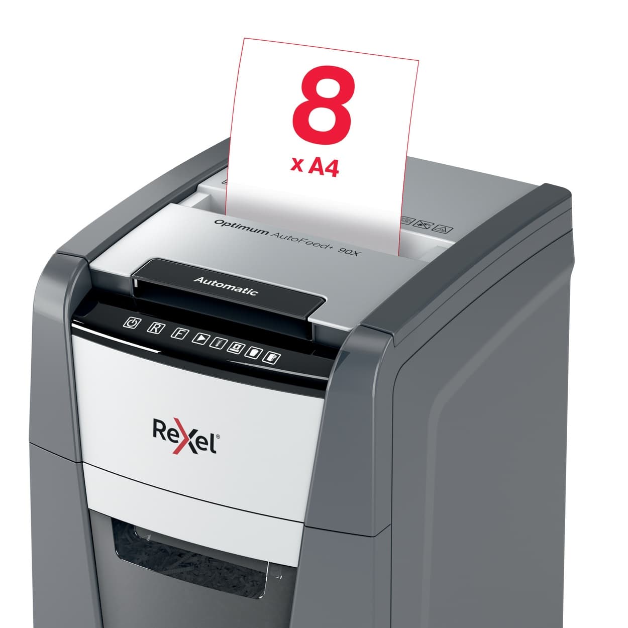 Distrugator automat documente Rexel OPTIMUM 90X, 90 coli, P4, cross-cut (tip confeti), cos 34 litri, negru-gri, "2020090XEU" — miniatură