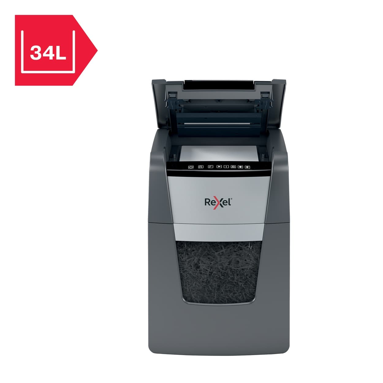 Distrugator automat documente Rexel OPTIMUM 90X, 90 coli, P4, cross-cut (tip confeti), cos 34 litri, negru-gri, "2020090XEU" — miniatură