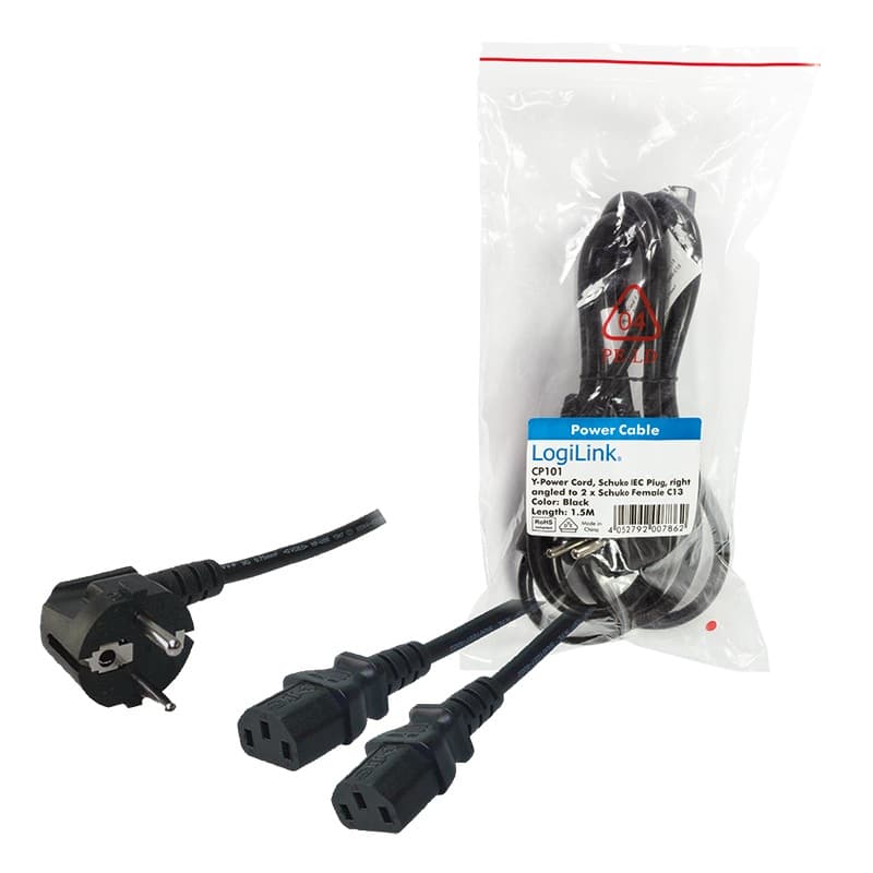 CABLU alimentare LOGILINK 1.7m, intrare Schuko, iesire 2 x C13, 10A, testat VDE, black, "CP101" — miniatură