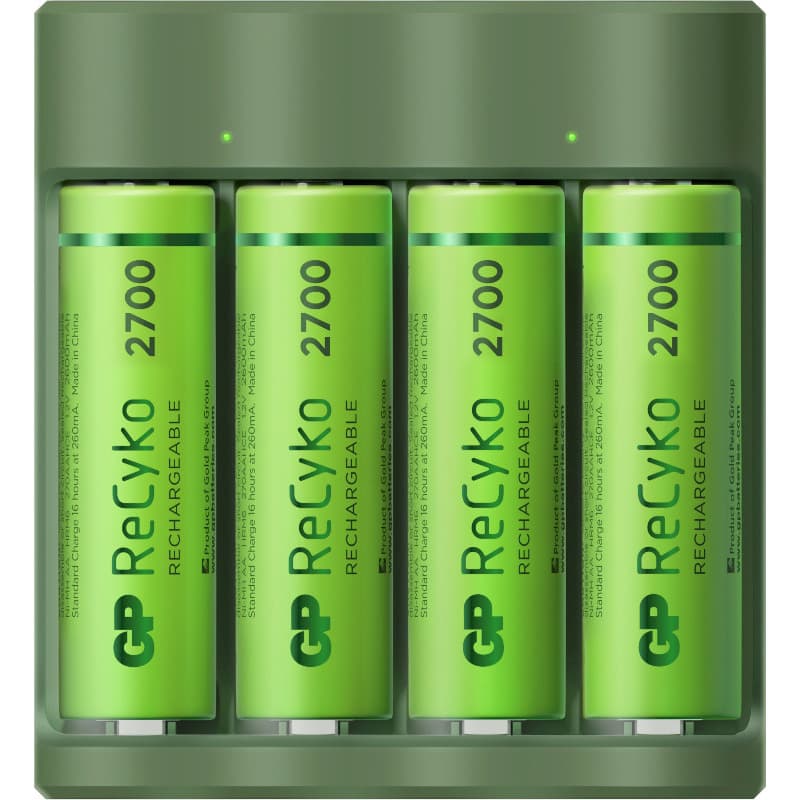 Incarcator GP Batteries, ReCyko compatibil NiMH (AA/AAA), include 4 x 2600 mAh AA (R6), wall charger, 2 LED-uri indicare incarcare, "GPB421/270HCEGS-2EB4" "GPACSB421004"