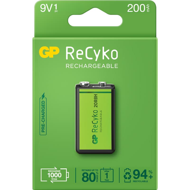 Acumulatori GP Batteries, ReCyco 200mAh 9V NiMH, paper box 1 buc. 20R8H-EB1, "GP20R8H-2EB1" "GPRHV208R075"