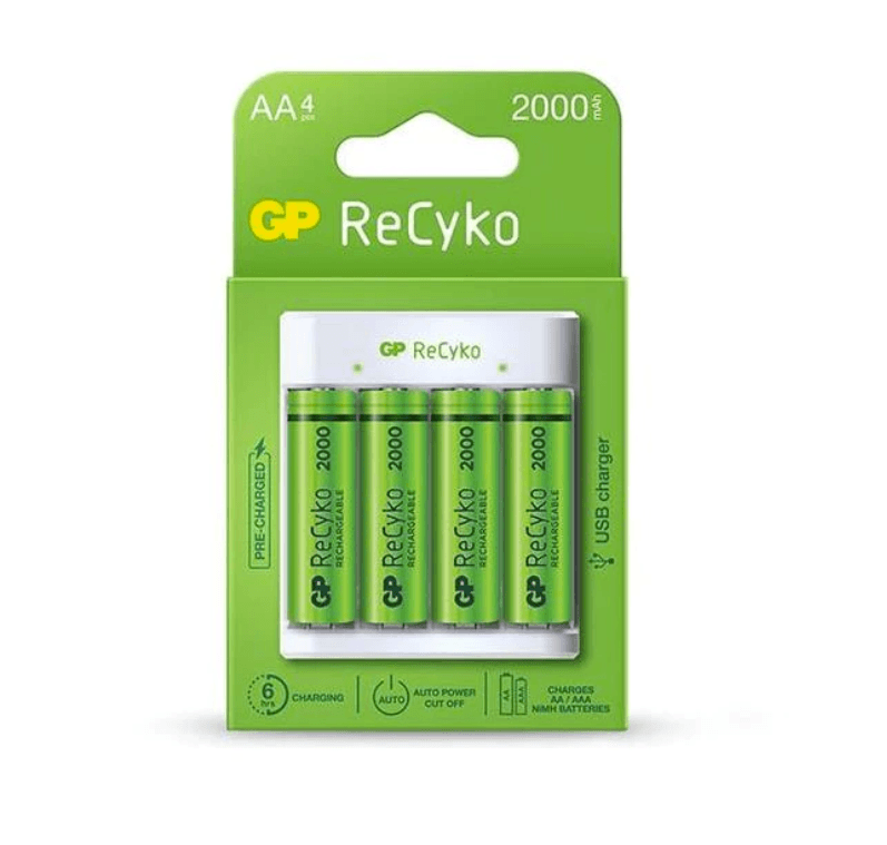 Incarcator GP Batteries, Recyko compatibil NiMH (AA/AAA), include 4 x 2100 mAh AA (R6), incarcare USB, 2 LED-uri indicare incarcare, "GPE411210AAHC-2B4" "GPACSE411001"