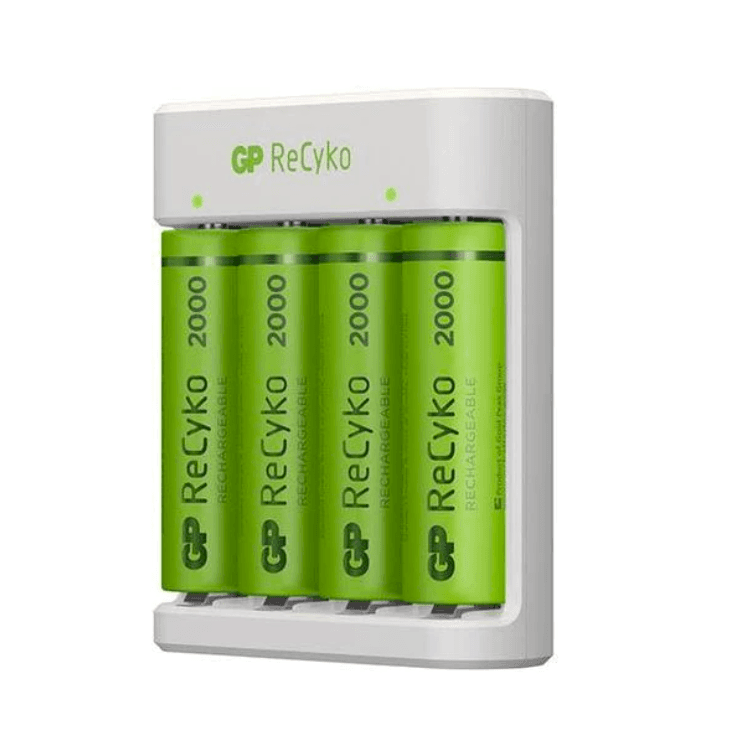 Incarcator GP Batteries, Recyko compatibil NiMH (AA/AAA), include 4 x 2100 mAh AA (R6), incarcare USB, 2 LED-uri indicare incarcare, "GPE411210AAHC-2B4" "GPACSE411001" — miniatură