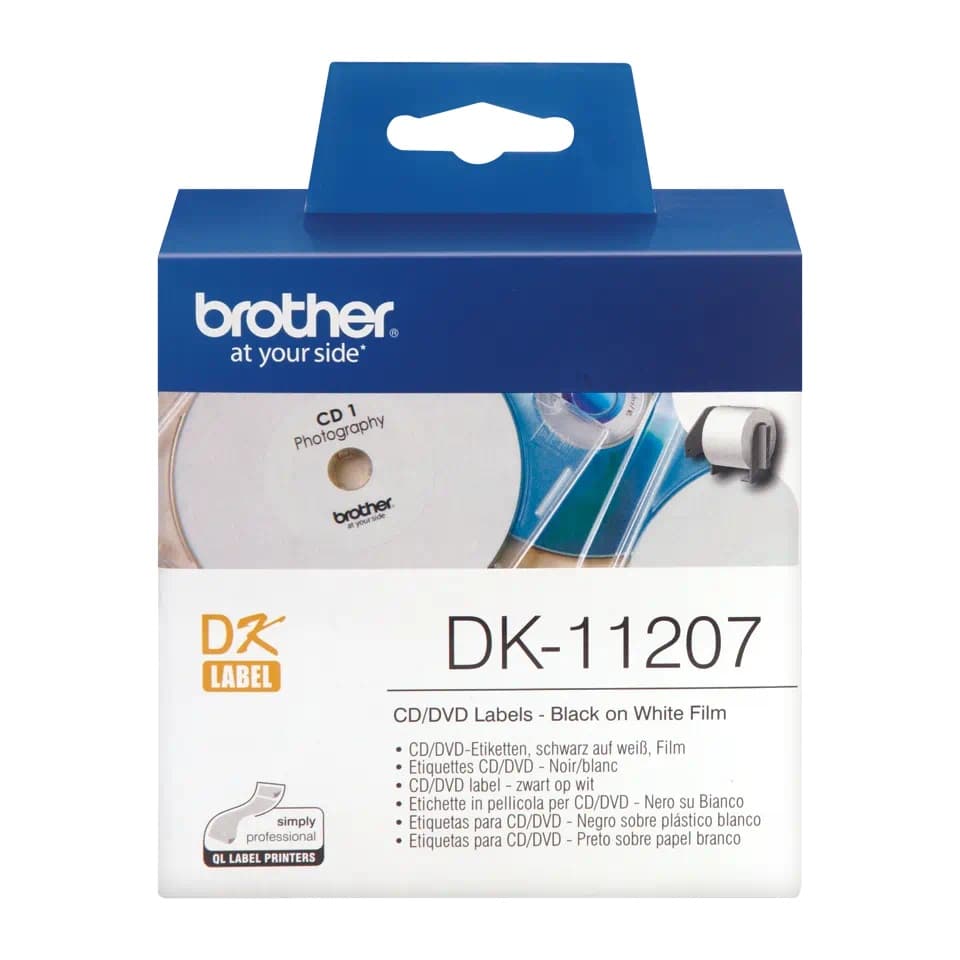 Etichete laminate Original Brother Black on White, DK11207, pentru P-TOUCH QL-1100|QL-800|QL-810|QL-1050|QL-1060|QL-500|QL-560|QL-570|QL-580|QL-650|QL-700, CD/DVD, 58mm, 100buc, incl.TV 0 RON, "DK11207"