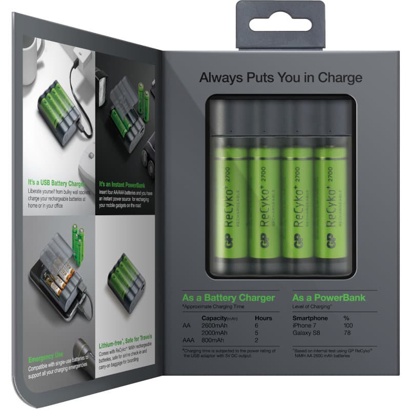 Incarcator GP Batteries, Recyko compatibil NiMH (AA/AAA), include 4 x 2700 mAh AA (R6), functie powerbank, incarcare USB, 6 LED-uri, "GPX411270AAHCE-2EAB4" "GPACCX411004"