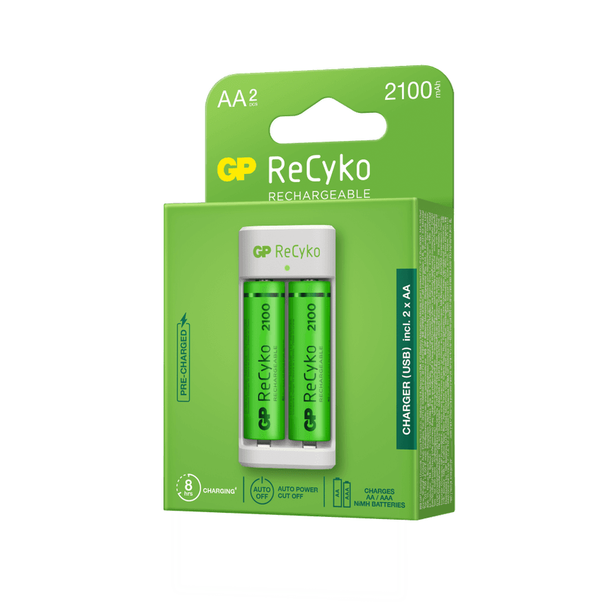Incarcator GP Batteries, Recyko compatibil NiMH (AA/AAA), include 2 x 2100 mAh AA (R6), incarcare USB, 1 LED indicare incarcare, "GPE211210AAHC-2B2" "GPACSE211001"