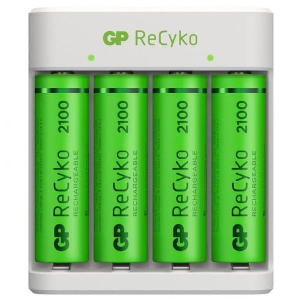 Incarcator GP Batteries, Recyko compatibil NiMH (AA/AAA), include 4 x 2100 mAh AA (R6), incarcare USB, 2 LED-uri indicare incarcare, "GPE411210AAHC-2B4" "GPACSE411001" — miniatură