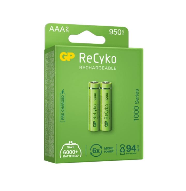 Acumulatori GP Batteries, ReCyco 1000mAh AAA (LR03) 1.2V NiMH, paper box 2 buc. 100AAAHCE-EB2, "GPRHC103E020" — miniatură