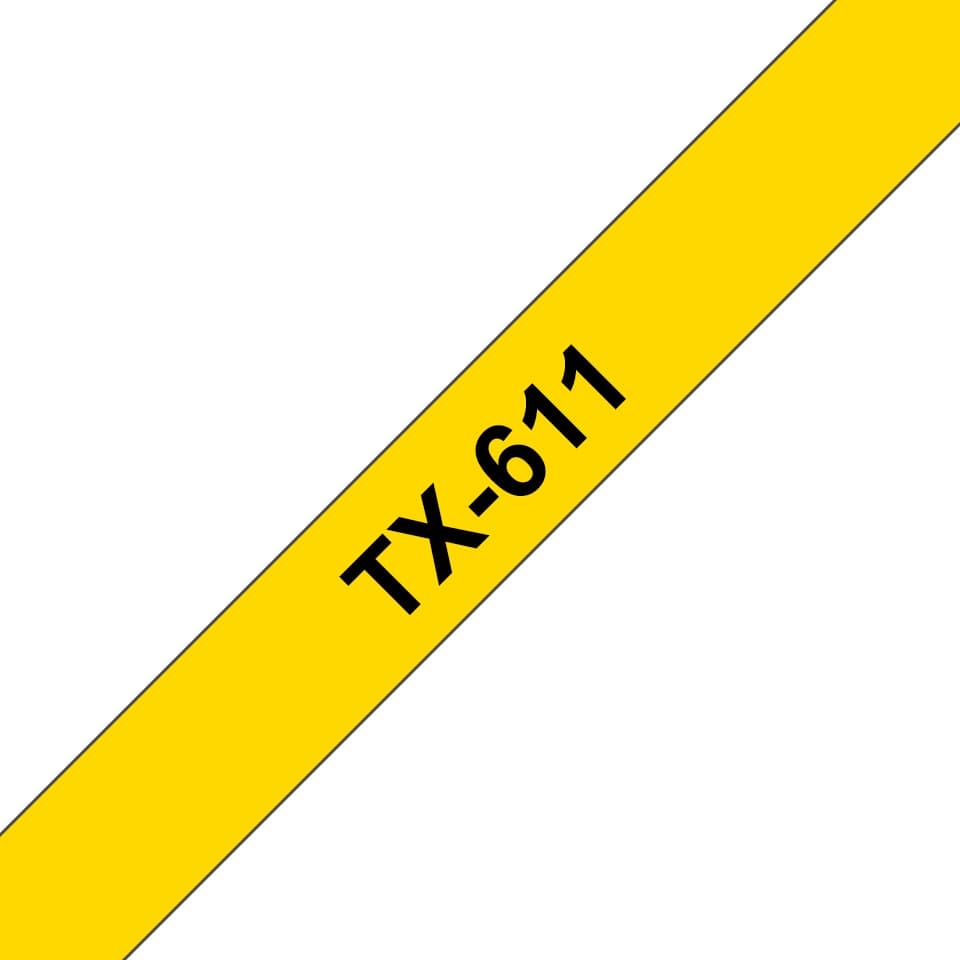 Banda laminata Original Brother Black on Yellow, TX611, pentru E105|E110|H100|H101|H105|H110|H111|P300|128|200|1000|1010|1090|1100|1120|1130|1160|1170|1180|1190|1200|1230|1280|1290|6100|7100|ST1150, 6mm, incl.TV 0 RON, "TX611"