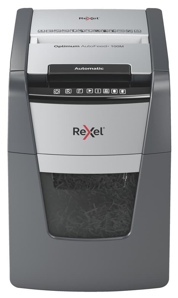 Distrugator automat documente Rexel OPTIMUM 100M, 100 coli, P5, micro-cut (tip particule), cos 34 litri, negru-gri, "2020100MEU" — miniatură