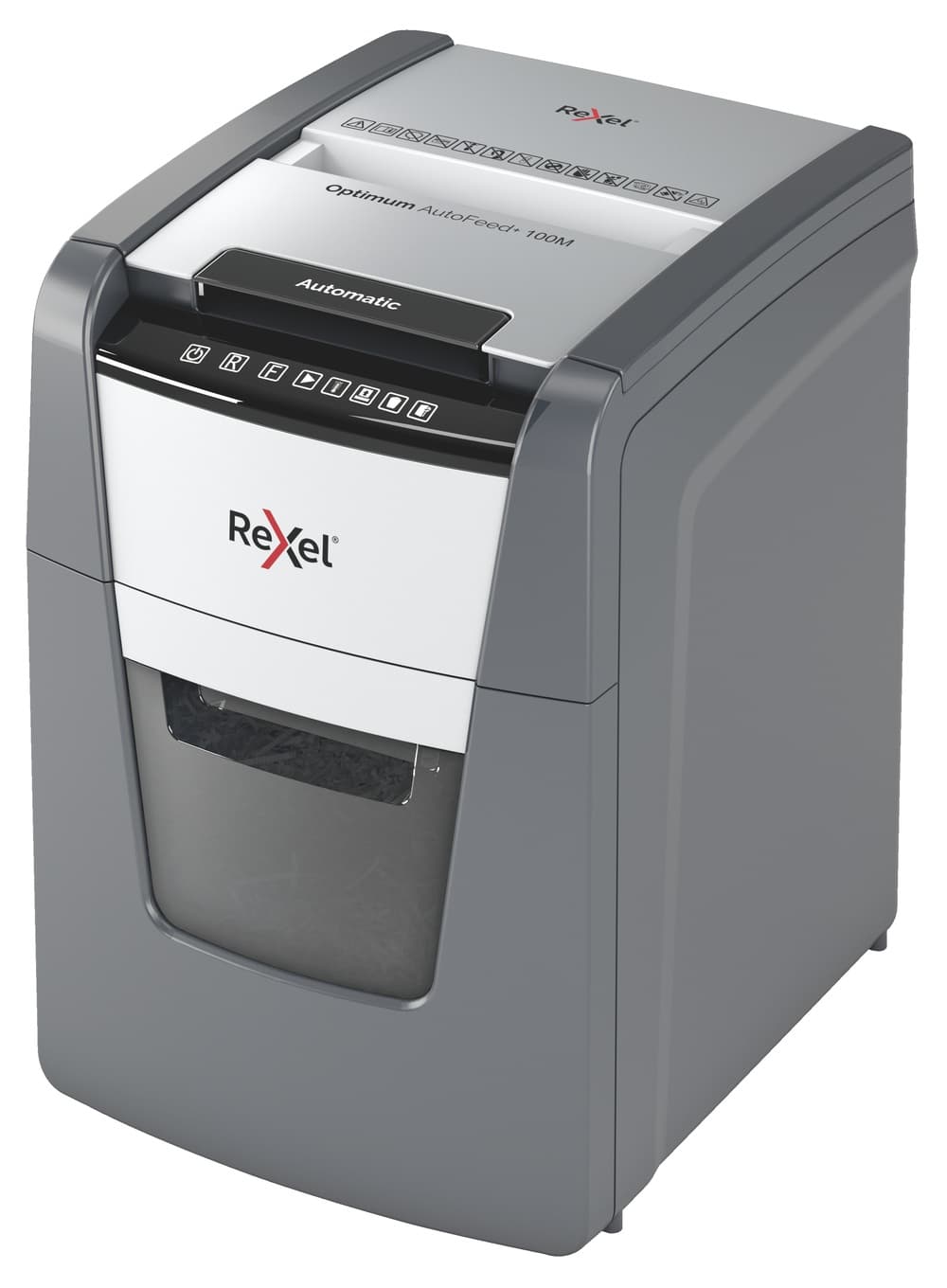 Distrugator automat documente Rexel OPTIMUM 100M, 100 coli, P5, micro-cut (tip particule), cos 34 litri, negru-gri, "2020100MEU"
