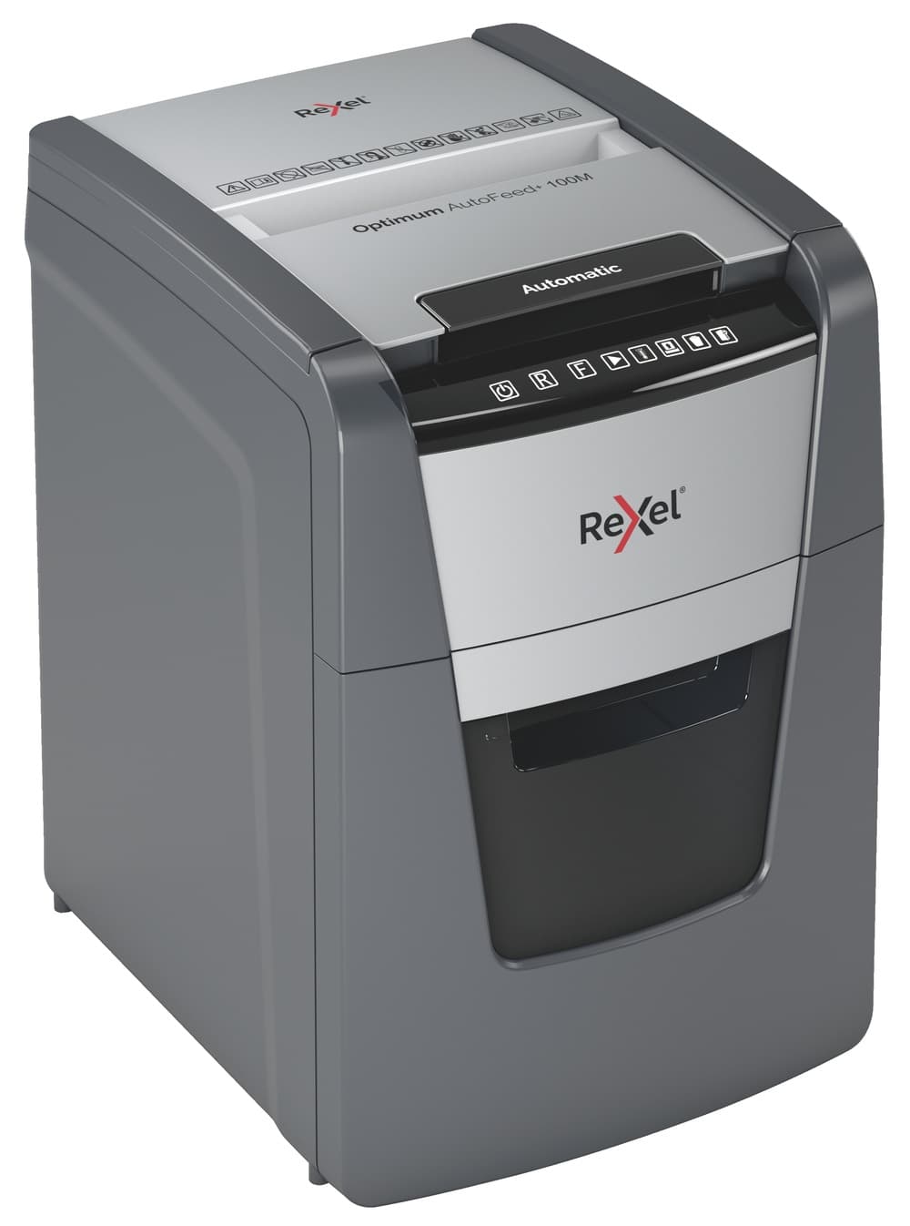 Distrugator automat documente Rexel OPTIMUM 100M, 100 coli, P5, micro-cut (tip particule), cos 34 litri, negru-gri, "2020100MEU" — miniatură