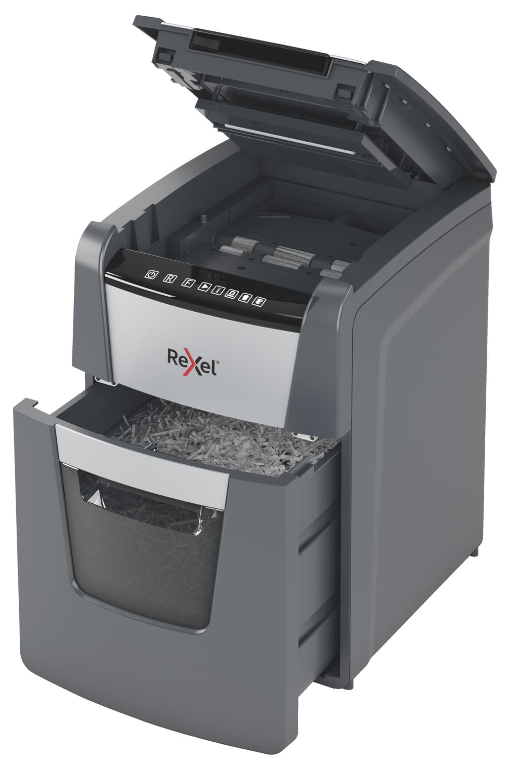 Distrugator automat documente Rexel OPTIMUM 100M, 100 coli, P5, micro-cut (tip particule), cos 34 litri, negru-gri, "2020100MEU" — miniatură
