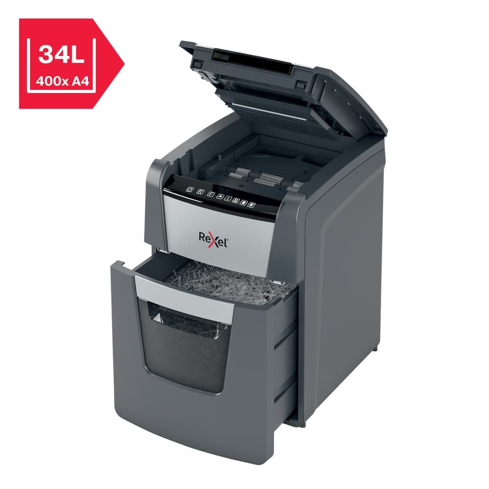 Distrugator automat documente Rexel OPTIMUM 100M, 100 coli, P5, micro-cut (tip particule), cos 34 litri, negru-gri, "2020100MEU" — miniatură