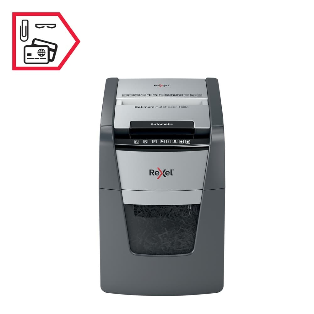 Distrugator automat documente Rexel OPTIMUM 100M, 100 coli, P5, micro-cut (tip particule), cos 34 litri, negru-gri, "2020100MEU" — miniatură
