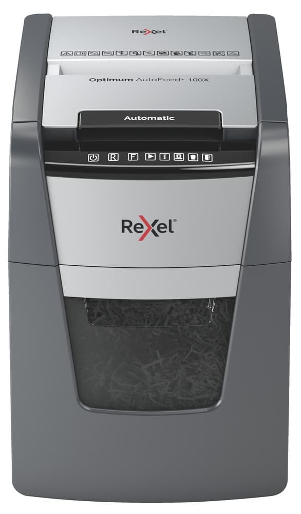 Distrugator automat documente Rexel OPTIMUM 100X, 100 coli, P4, cross-cut (tip confeti), cos 34 litri, negru-gri, "2020100XEU" — miniatură